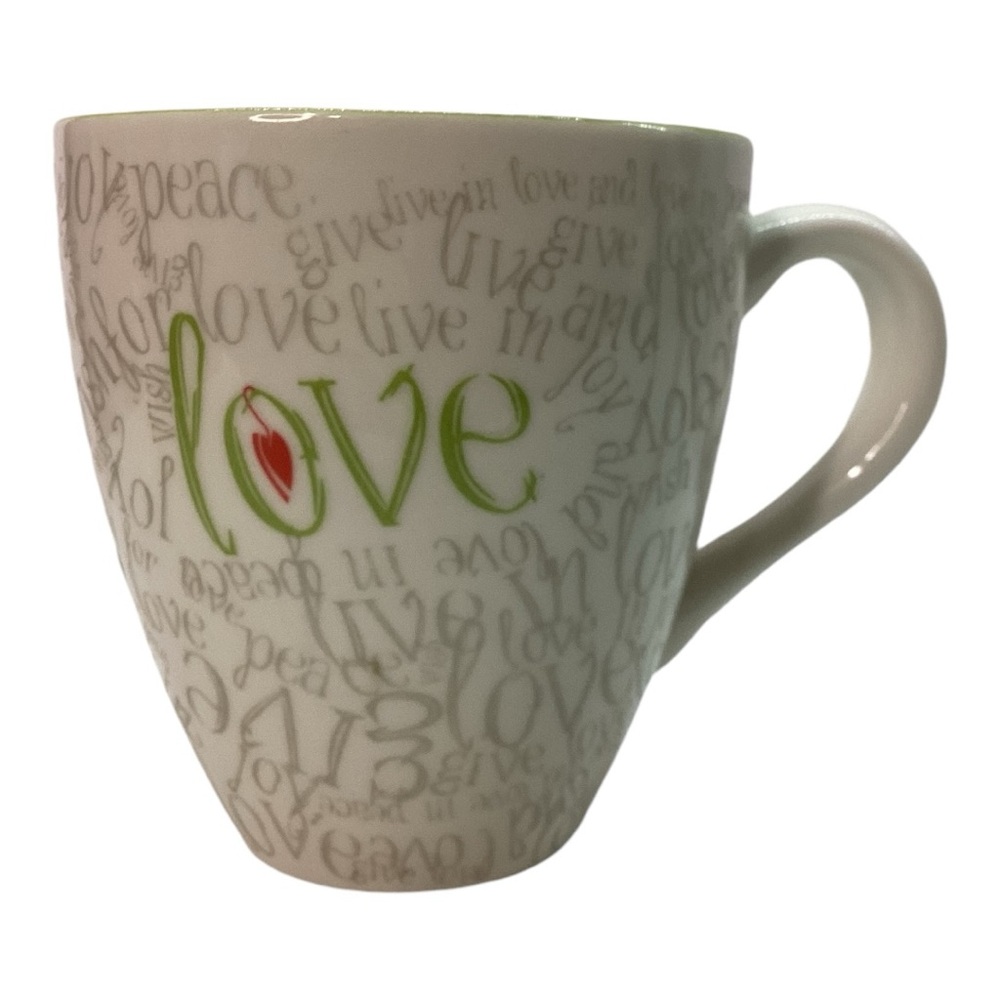 Starbucks 2005 - 12oz Love Words Coffee Mug Tea Cup - Green Gray White &‎ Red